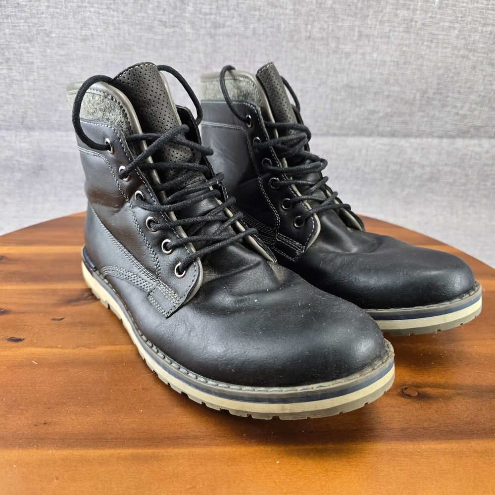 Mens Black Lace Up Ankle Boots Combat Style Round Toe Winter Casual Size 8.5 MED - Picture 2 of 14